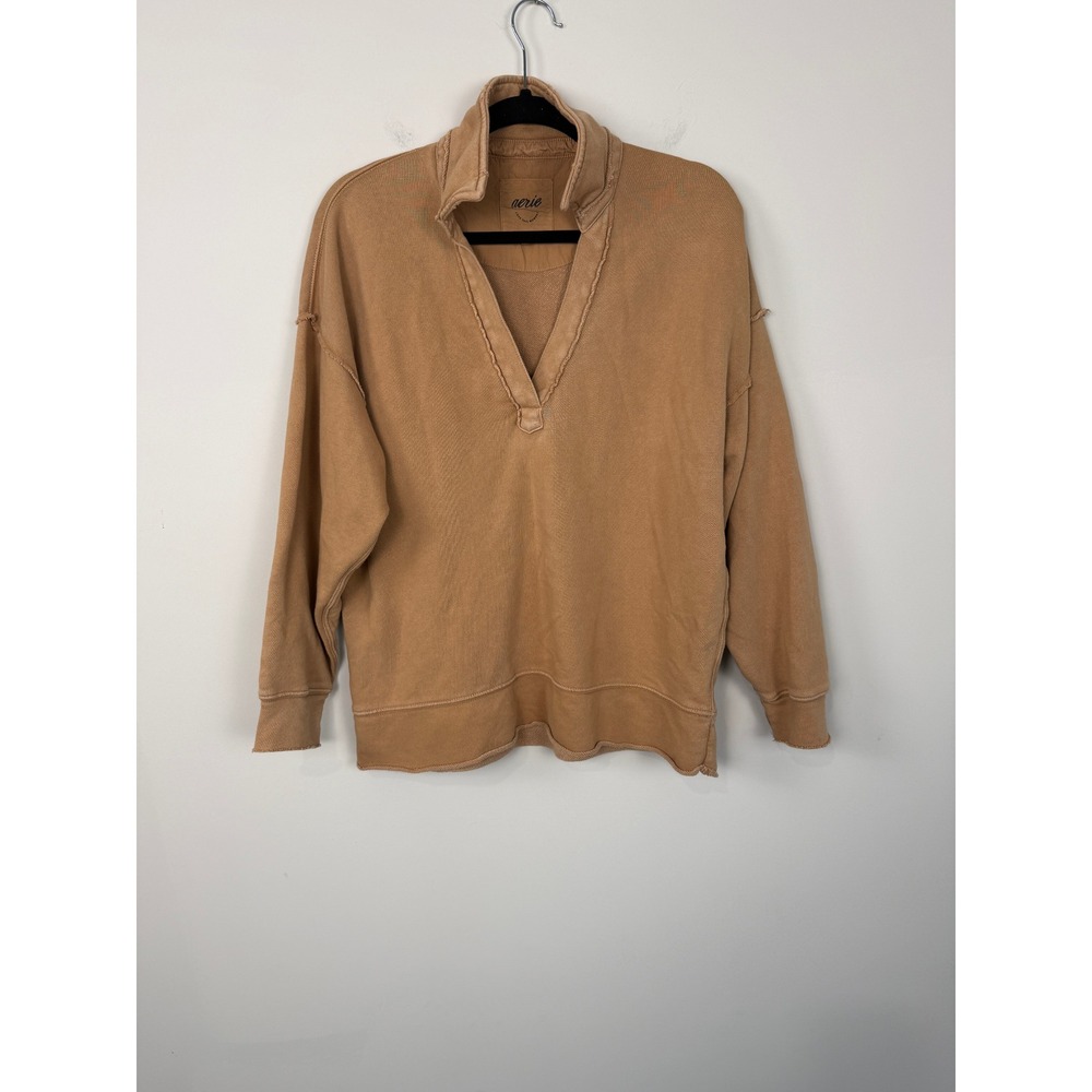 Aerie Oversized Sweatshirt Raw Edges Camel S Deep V-Neck Polo-Style Collar